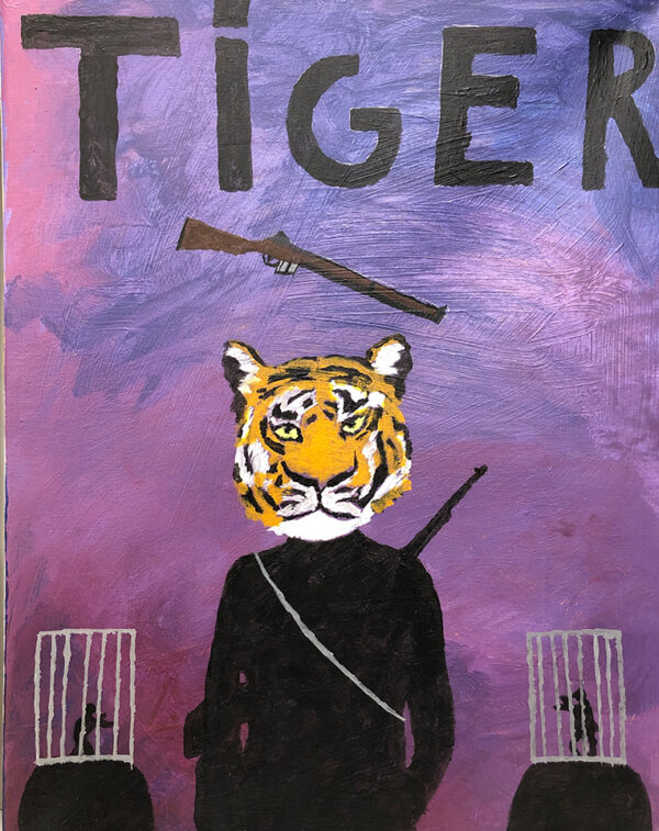 Målning på canvas föreställande en jägare med tigerhuvud