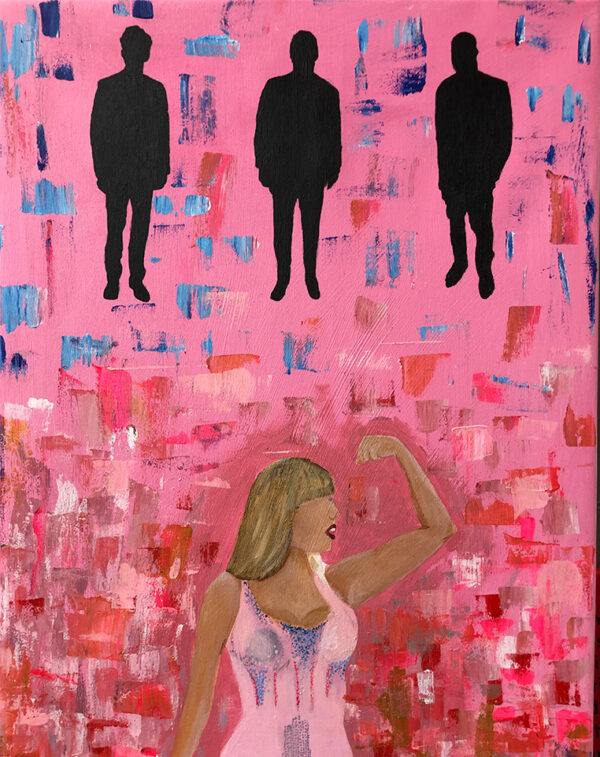 Målning på canvas föreställande en stark kvinna i mitten och tre skuggade män i bakgrunden